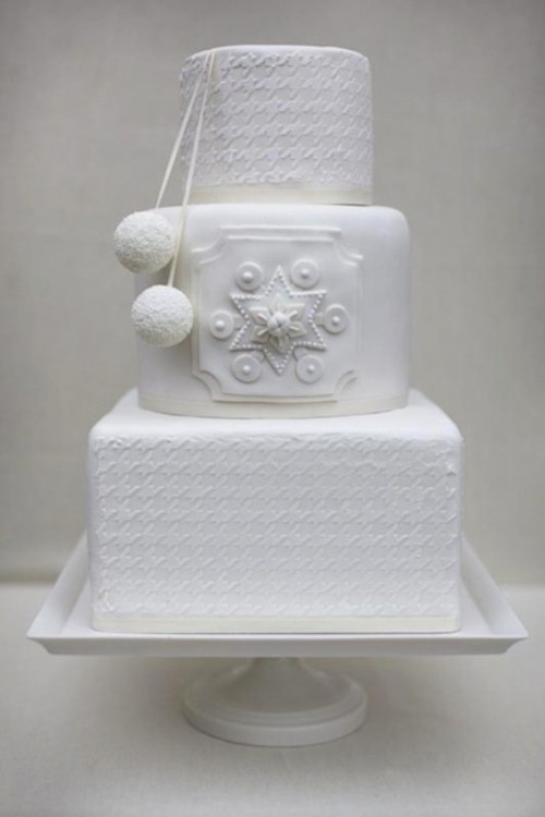  White Houndstooth Wedding Cake With Pom-Poms