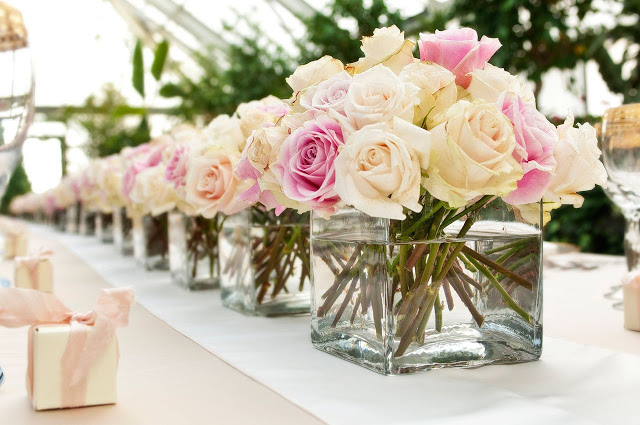 Champagne Ivory Blush Rose Wedding Centerpiece by Visio Photography