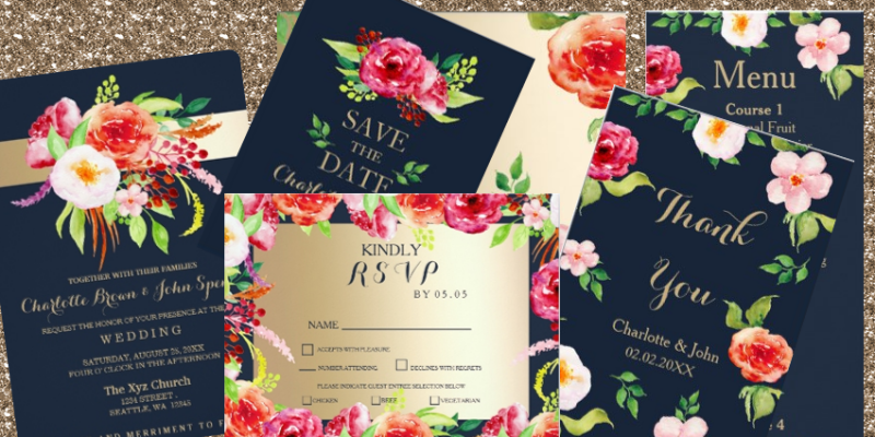 Navy Gold Boho Chic Wedding Invitations