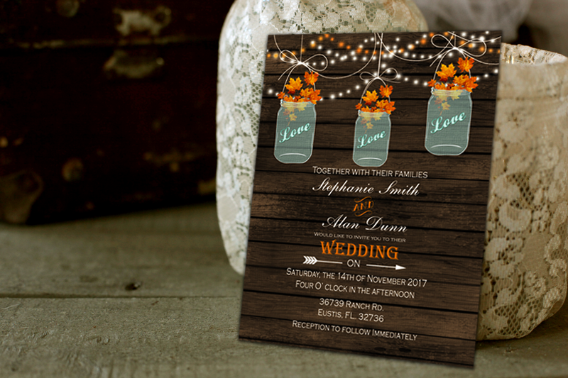 mason jar fall barn wood wedding invitations