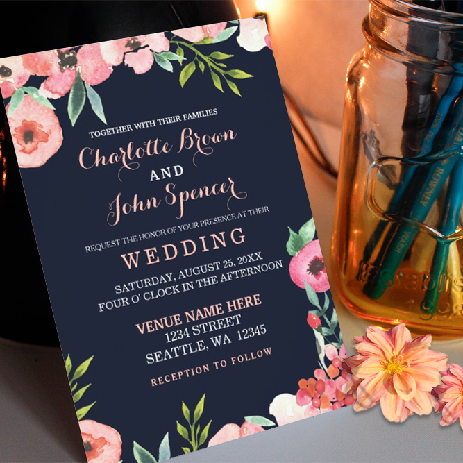 navy and peach wedding invitations