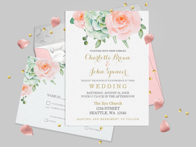 succulent and peach roses wedding invitations