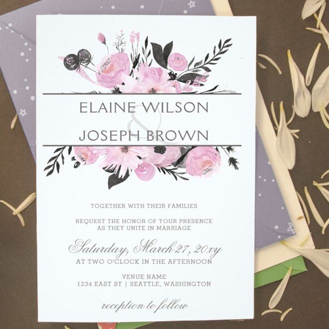 Lilac purple watercolor floral wedding invitations