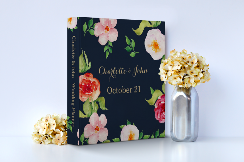 navy and gold watercolor flowers wedding binder 